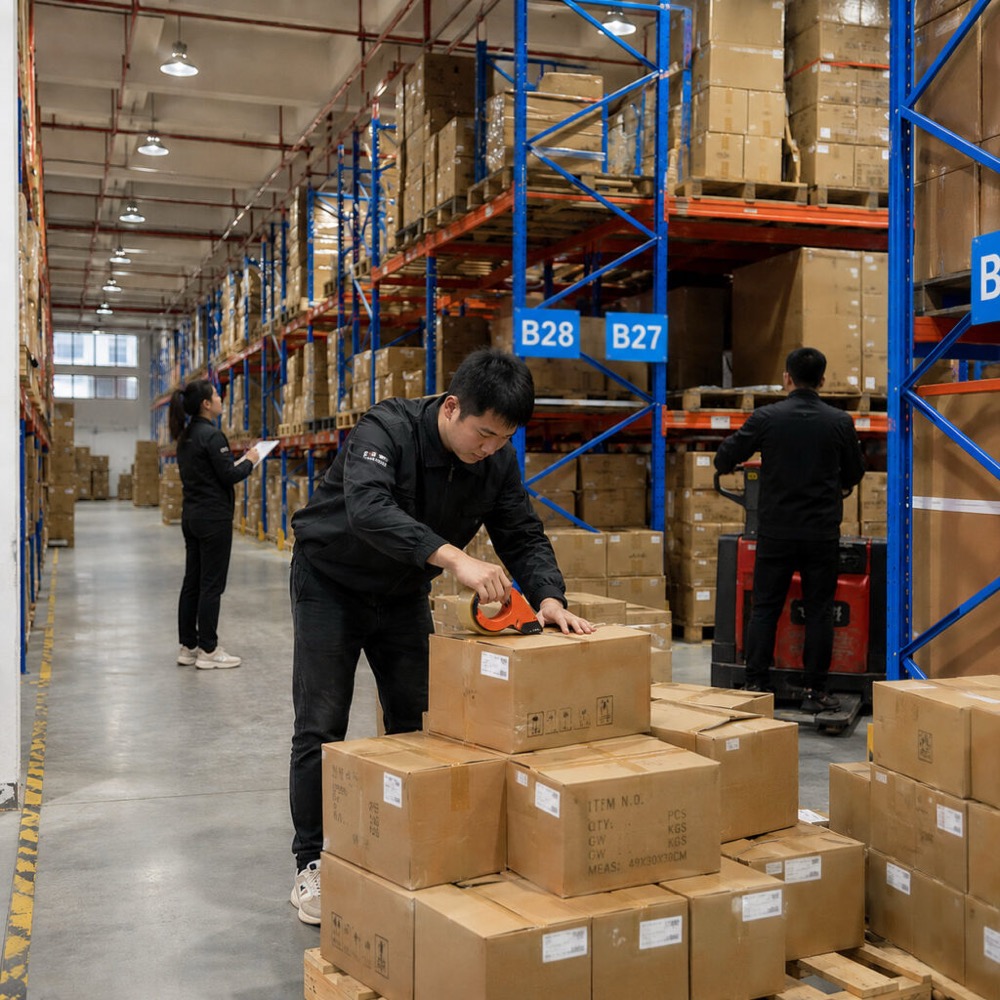 Workers quality-checking and consolidating a pallet order in Yakkyofy's Dongguan warehouse